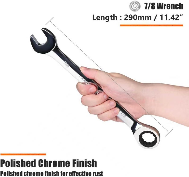 Egofine 7/8 inch Ratcheting Combination Wrench SAE, Industrial Grade Gear Spanner with 12-Point Design, 72-Tooth Ratchet, Chrome Vanadium Steel - Image 3